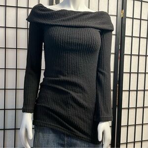 Shein Black Foldover Off The Shoulder Fitted Ribbed Sweater